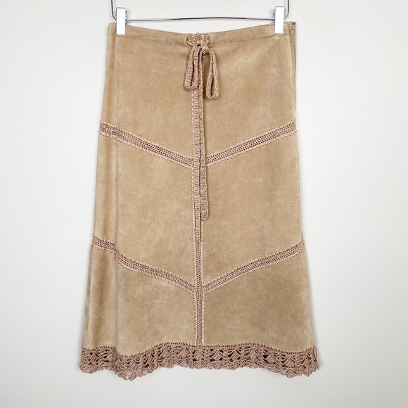 Warehouse Dresses & Skirts - WAREHOUSE Suede Crochet Panel Skirt 6 Boho Hippie